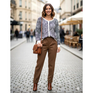 Halogen Women L Black & Ivory Animal Print Cardigan Button Up Ribbed Collar/Hem